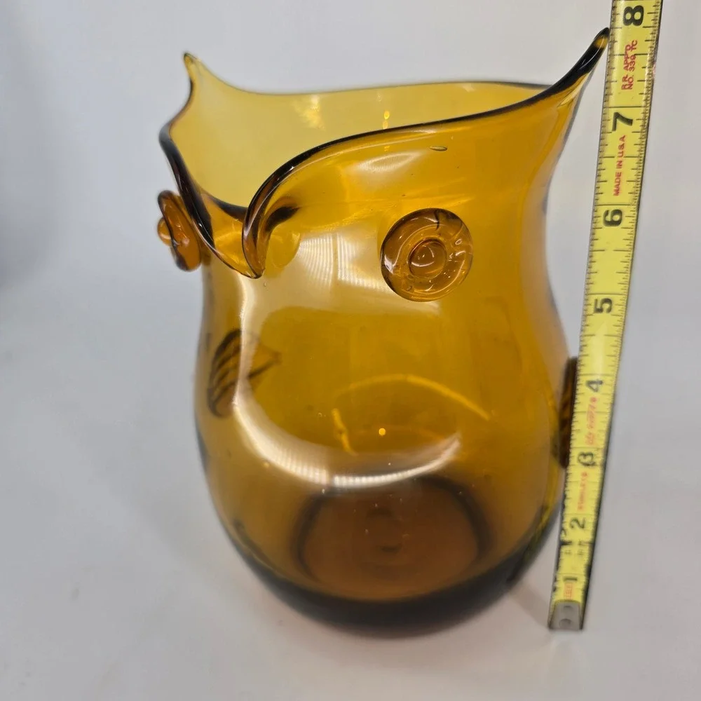 Vintage Pier 1 Amber Art Glass Owl Vase Pitcher Mid Century Modern‎ Decor 8in